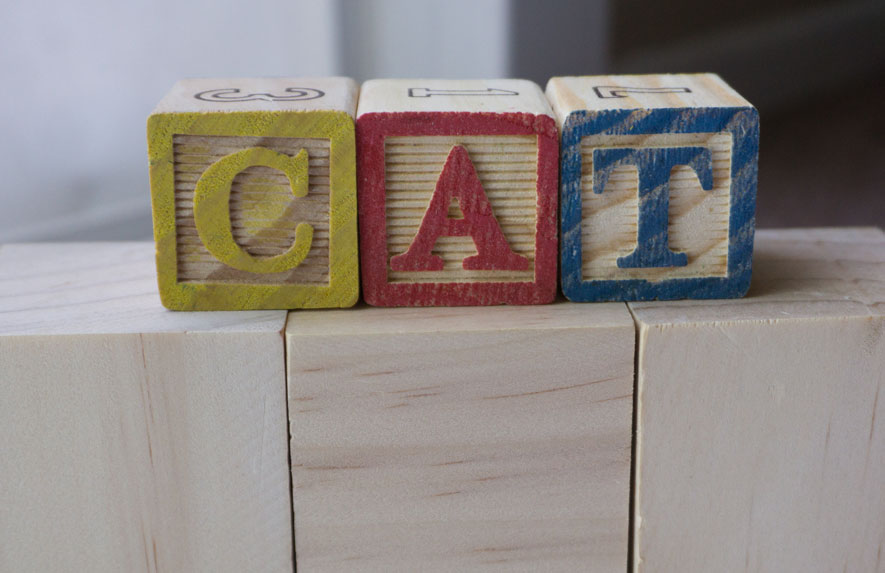 three wooden blocks that spell the word cat